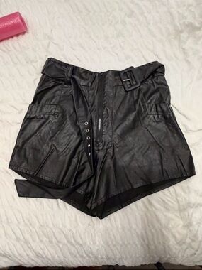 High-Waist Faux Leather Black Women's Shorts with Belt